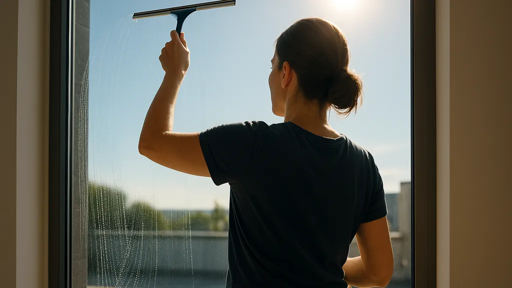 Vitres sans traces au soleil : méthode simple pour un résultat impeccable 1 Personne nettoyant une grande baie vitrée en plein soleil avec une raclette, pour obtenir des vitres sans traces au soleil