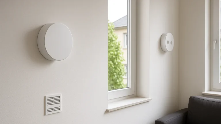 deux unités murales de VMC double flux décentralisée dans un séjour lumineux, ventilation avec récupération de chaleur, installation propre sans gaines