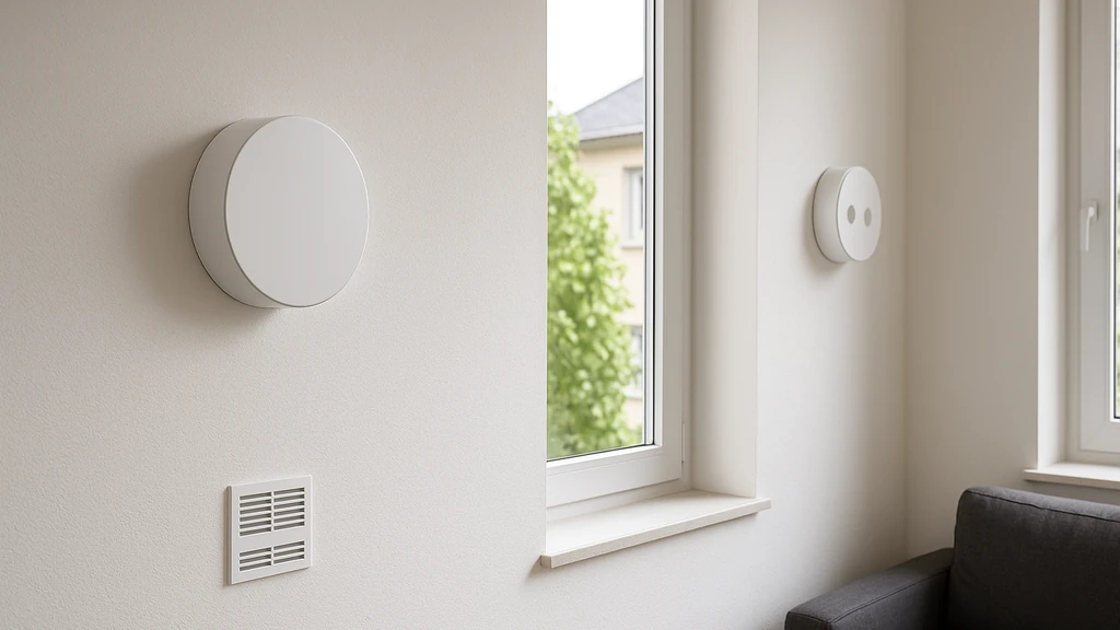 deux unités murales de VMC double flux décentralisée dans un séjour lumineux, ventilation avec récupération de chaleur, installation propre sans gaines