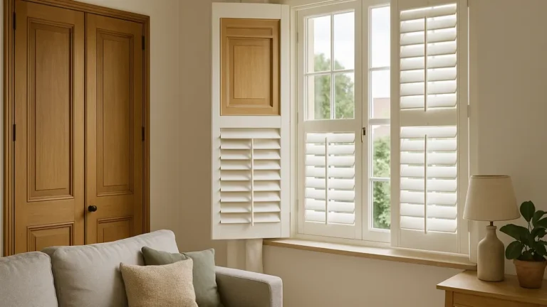 Volet intérieur en bois type shutter dans un salon lumineux, permettant de moduler la lumière tout en apportant du cachet à la décoration