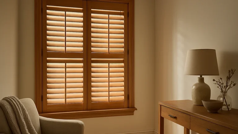 volets intérieurs en bois type shutters avec lames orientables, lumière tamisée dans un salon, confort thermique et intimité, pose côté intérieur de la fenêtre