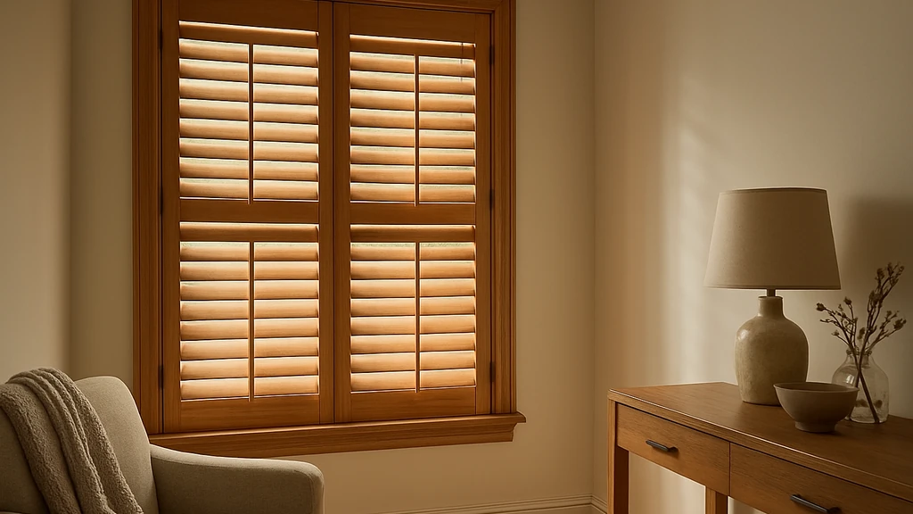 volets intérieurs en bois type shutters avec lames orientables, lumière tamisée dans un salon, confort thermique et intimité, pose côté intérieur de la fenêtre