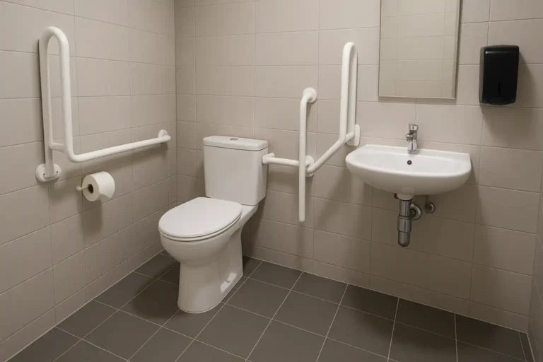 WC PMR : normes et dimensions pour un aménagement accessible 10 WC PMR équipé avec barres d’appui, cuvette rehaussée et lave-mains accessible