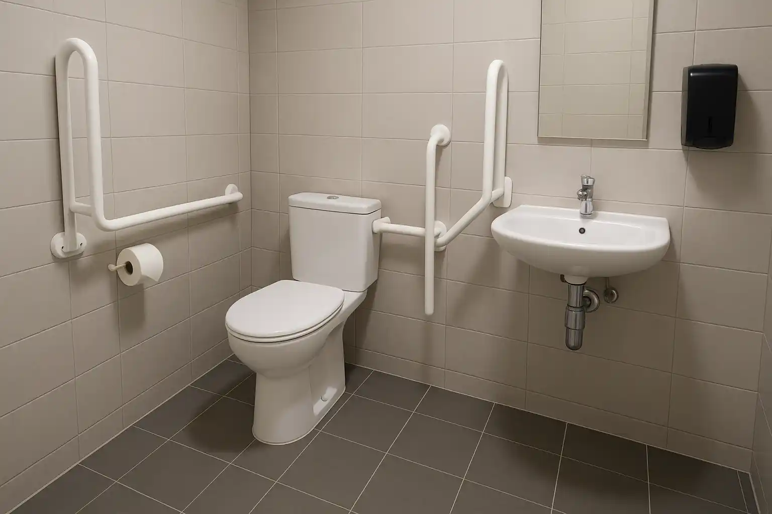 WC PMR équipé avec barres d’appui, cuvette rehaussée et lave-mains accessible