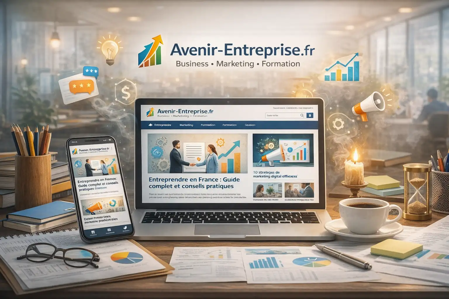 Illustration du site Avenir-Entreprise.fr, magazine en ligne dédié aux entrepreneurs proposant des contenus business, marketing, formation et stratégies de développement d’entreprise.