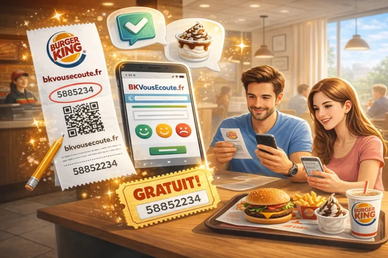 Clients Burger King remplissant l’enquête de satisfaction BKVousEcoute sur smartphone après un repas en restaurant pour obtenir un produit offert
