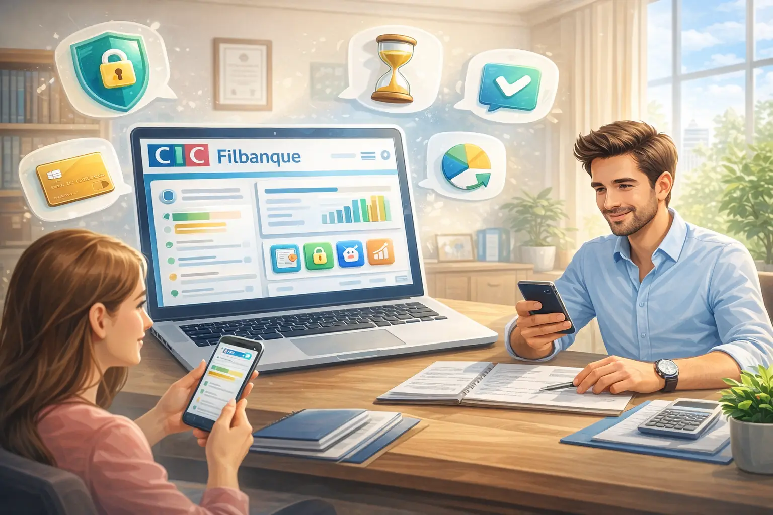 Utilisateurs consultant leurs comptes via le service bancaire en ligne CIC Filbanque sur ordinateur et smartphone dans un environnement de travail moderne