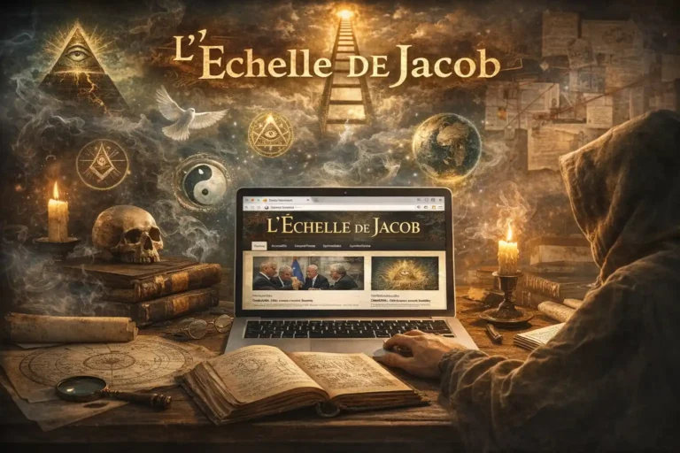 Illustration d’un lecteur consultant le blog L’Échelle de Jacob, site d’actualité alternative mêlant géopolitique, spiritualité, symbolisme et analyses controversées.