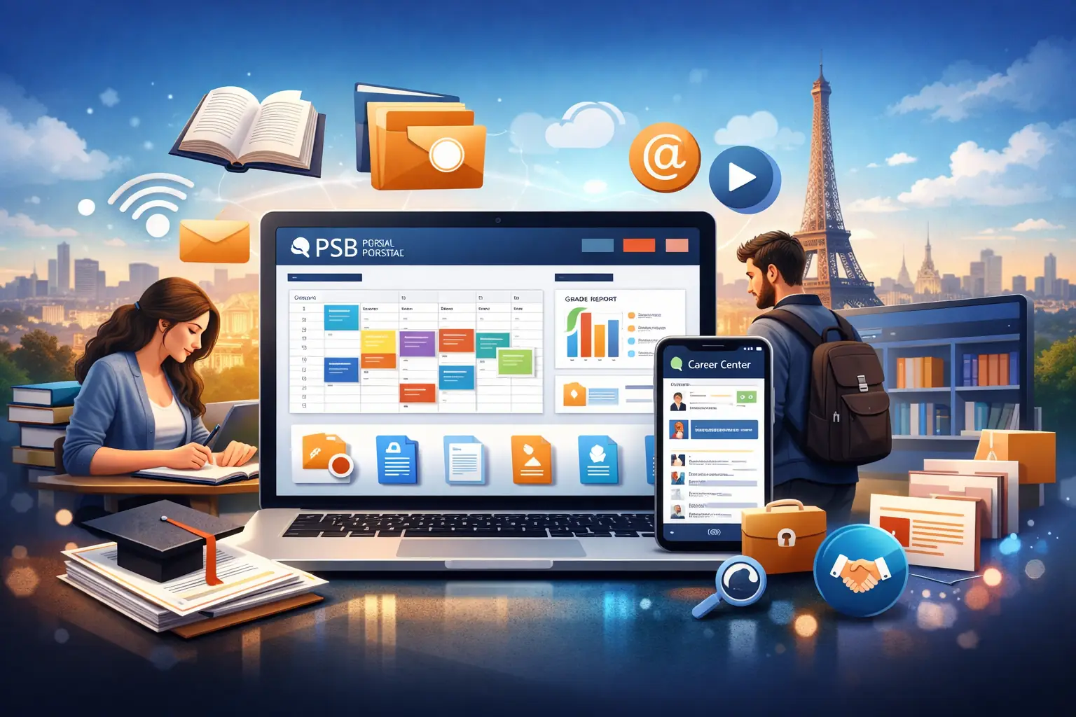Interface numérique de l’extranet PSB permettant aux étudiants de Paris School of Business d’accéder à leur emploi du temps, notes, ressources pédagogiques et services administratifs en ligne.