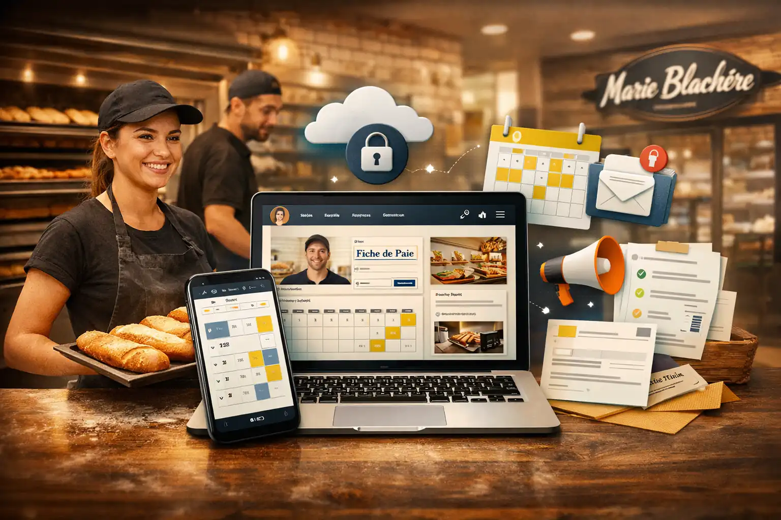 Interface de l’intranet Marie Blachère permettant aux salariés en boulangerie de consulter leurs plannings, fiches de paie et documents RH en ligne depuis un ordinateur ou un mobile.