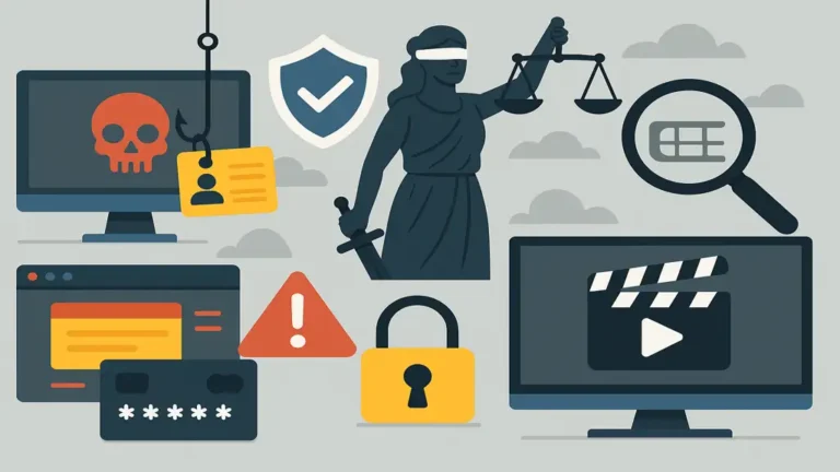 Illustration représentant les risques du streaming illégal : menaces de sécurité informatique, problèmes juridiques et sites de films non autorisés