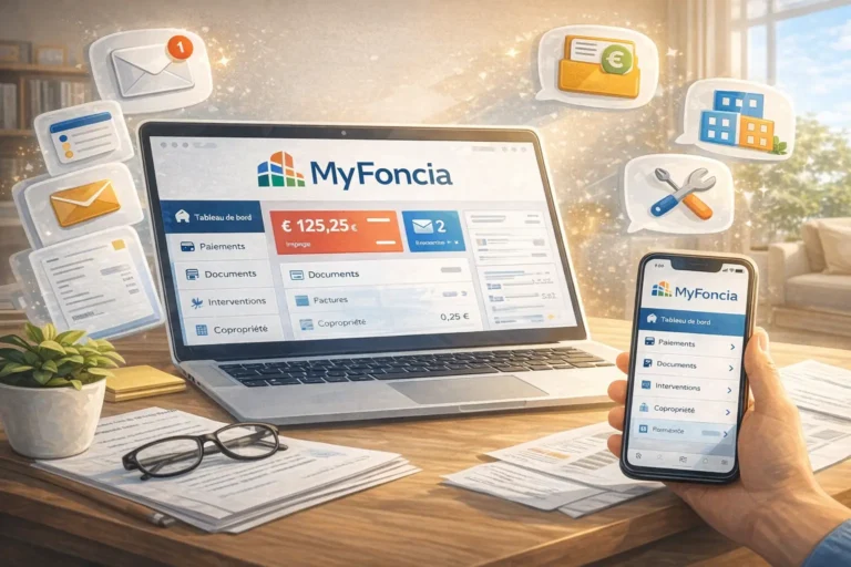 Illustration de l’espace client MyFoncia permettant la gestion immobilière en ligne depuis un ordinateur et un smartphone pour locataires, propriétaires et copropriétaires
