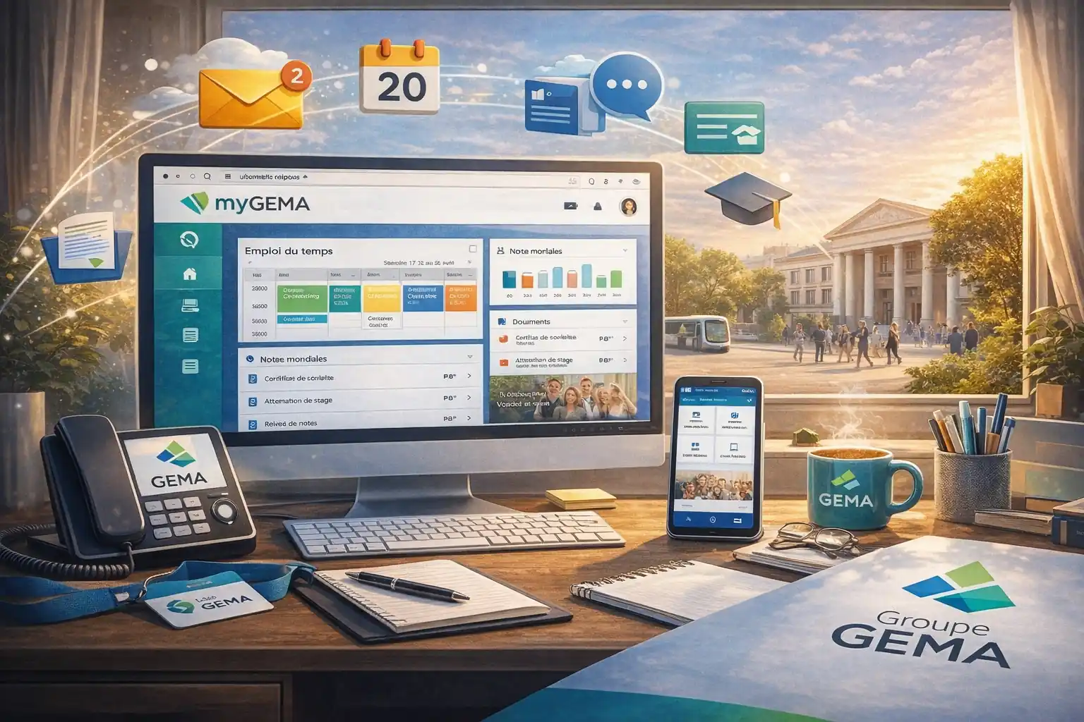 Interface du portail étudiant myGEMA permettant aux étudiants du Groupe GEMA d’accéder à leur emploi du temps, notes, documents administratifs et services académiques en ligne.