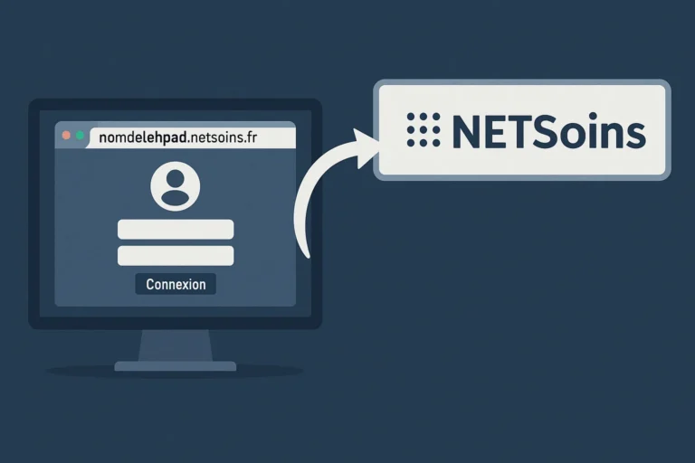 Interface de connexion au logiciel NETSoins avec URL spécifique d’établissement, illustrant l’accès sécurisé au dossier médical informatisé en EHPAD.