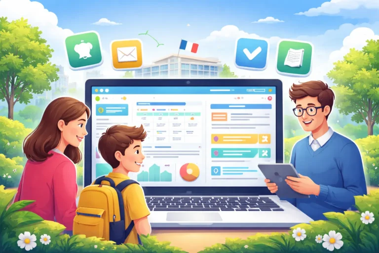 Illustration d’un parent, d’un élève et d’un enseignant utilisant l’ENT Oze 92 sur ordinateur pour suivre la scolarité dans un collège des Hauts-de-Seine