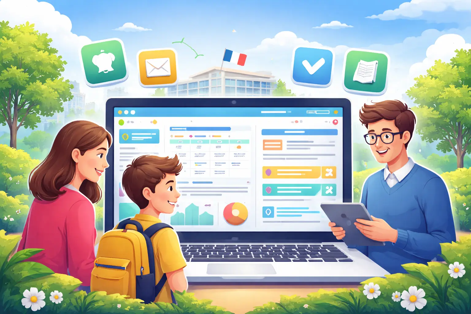 Illustration d’un parent, d’un élève et d’un enseignant utilisant l’ENT Oze 92 sur ordinateur pour suivre la scolarité dans un collège des Hauts-de-Seine