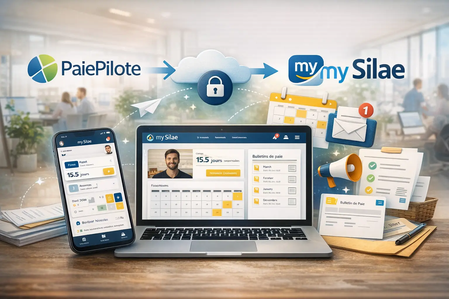 Interface du portail salarié My Silae remplaçant PaiePilote, permettant aux salariés et managers de consulter les bulletins de paie, congés et données RH en ligne.