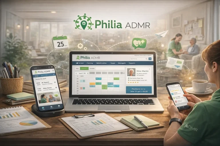 Philia ADMR : la plateforme numérique au service de l'aide à domicile 10 Illustration du système Philia ADMR utilisé par les professionnels de l’aide à domicile pour planifier les interventions, suivre les bénéficiaires et coordonner les équipes via mobile et ordinateur.