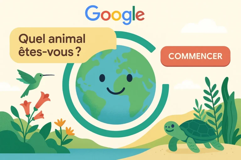 Illustration colorée représentant la planète Terre entourée d’animaux et de végétation, évoquant le quiz Google de la Journée de la Terre et la biodiversité.