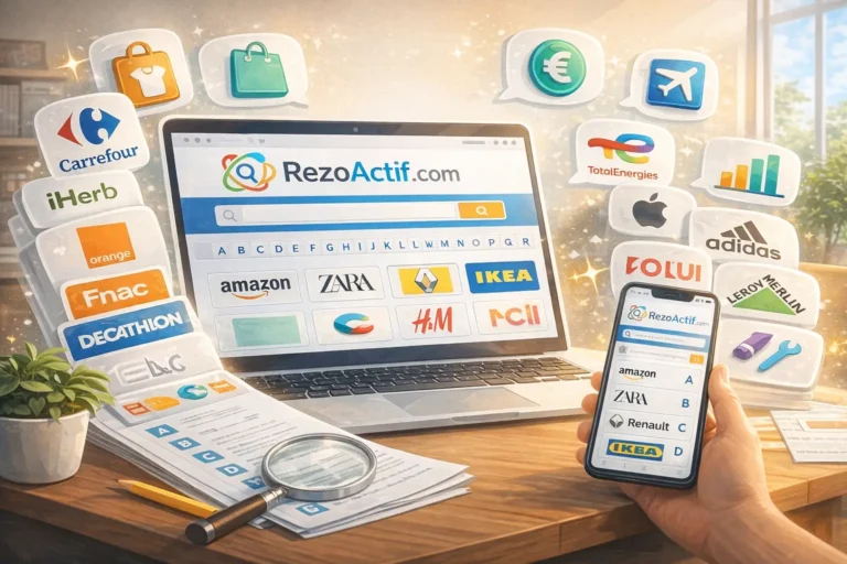 Illustration d’un annuaire de marques en ligne présentant une liste organisée par ordre alphabétique et par secteurs d’activité sur RezoActif.com