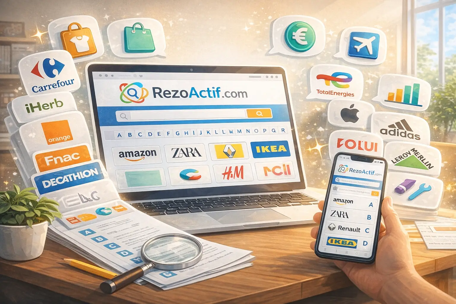 Liste des marques RezoActif.com : comment utiliser cet annuaire de marques françaises et internationales 1 Illustration d’un annuaire de marques en ligne présentant une liste organisée par ordre alphabétique et par secteurs d’activité sur RezoActif.com