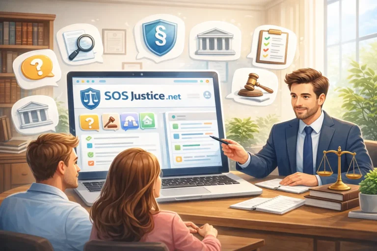 Illustration d’un avocat conseillant un couple via une plateforme d’aide juridique en ligne pour comprendre leurs droits et démarches légales