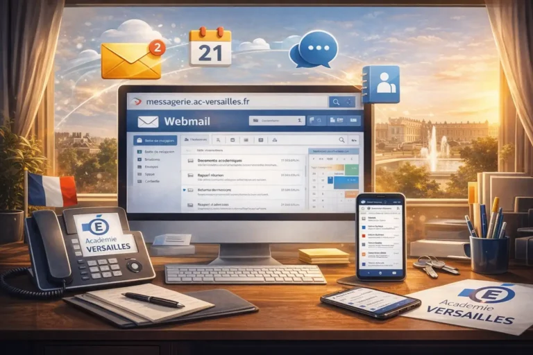Interface du webmail de l’académie de Versailles permettant aux personnels de l’Éducation nationale d’accéder à leur messagerie académique, agenda et services numériques professionnels.