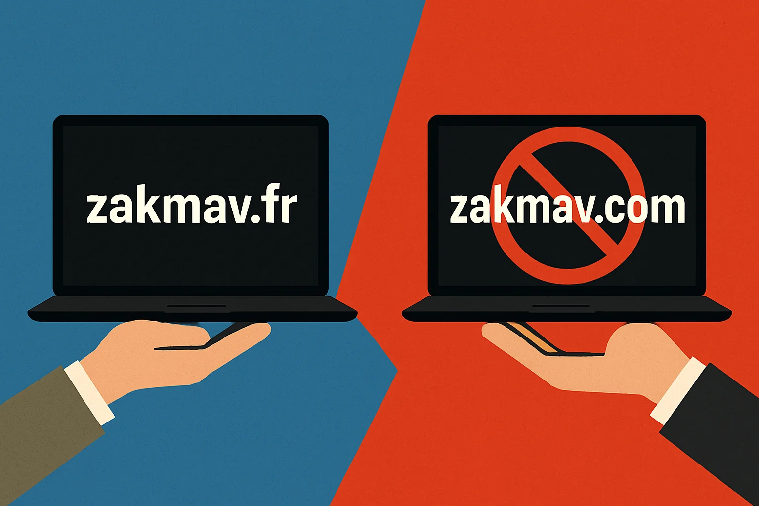Illustration montrant la différence entre zakmav.fr et zakmav.com, symbolisant la distinction entre service VOD légal reconnu par l’ARCOM et site de streaming à la légalité incertaine.