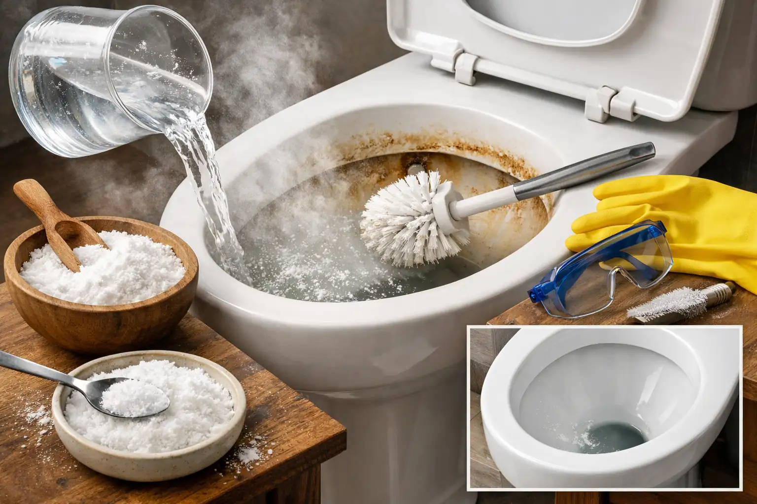 Nettoyage des WC avec de l’acide citrique pour éliminer le tartre et les taches de calcaire dans la cuvette des toilettes