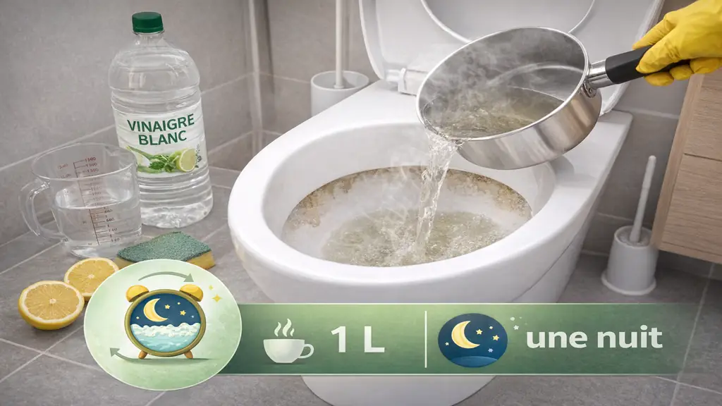 Détartrage naturel des WC avec du vinaigre blanc chaud versé dans la cuvette pour éliminer le tartre et les dépôts marron sans produit chimique.