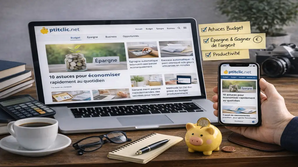 Site ptitclic.net affiché sur ordinateur et smartphone avec des astuces budget, épargne et productivité pour améliorer la gestion financière personnelle