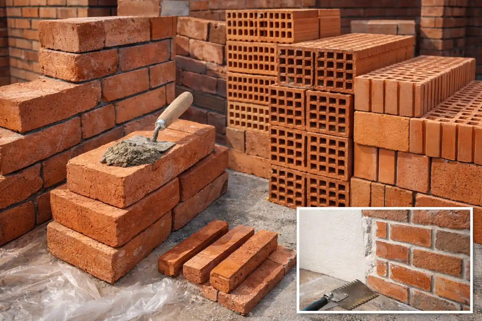 Brique rouge : guide complet pour choisir le bon type et éviter les erreurs 1 Différents types de briques rouges en terre cuite utilisées en construction, briques pleines, briques creuses et briques de parement