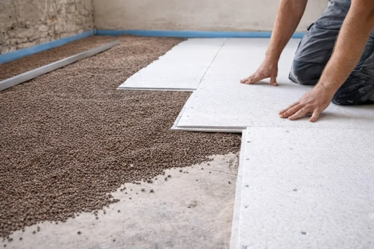 Chape sèche : guide complet pour choisir et installer cette solution rapide 1 Pose d’une chape sèche avec granules d’égalisation et plaques de sol en fibres-gypse lors d’une rénovation de plancher