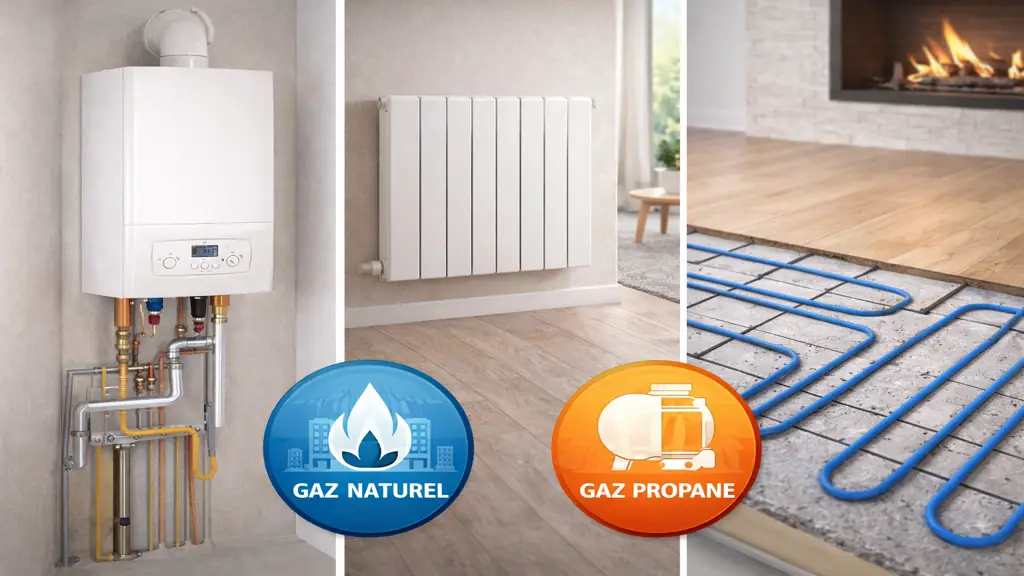 Système de chauffage au gaz avec chaudière à condensation alimentant des radiateurs et un plancher chauffant, fonctionnant au gaz naturel ou au propane dans une maison.