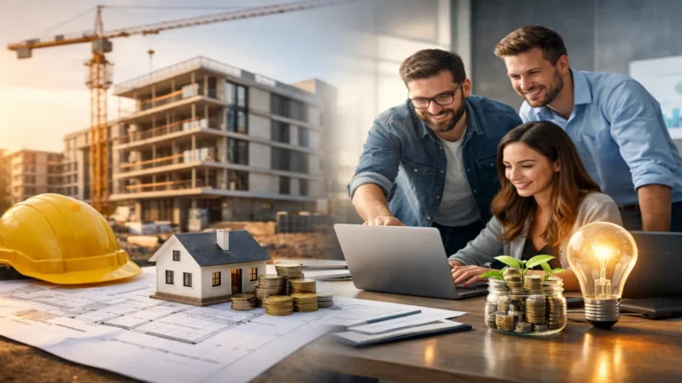 Crowdfunding Anaxago : fonctionnement, frais, risques et agrément AMF en 2026 5 Illustration réaliste du crowdfunding Anaxago montrant un projet immobilier en construction et une équipe de startup analysant un investissement en equity crowdfunding.