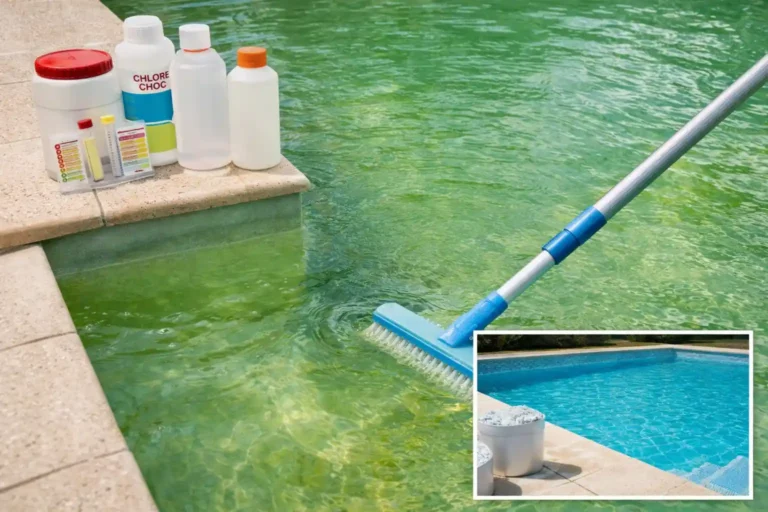 Eau de piscine verte : remèdes de grand-mère et protocole complet pour retrouver une eau claire 4 Piscine à l’eau verte envahie par les algues avec nettoyage au balai et produits de traitement avant retour à une eau claire