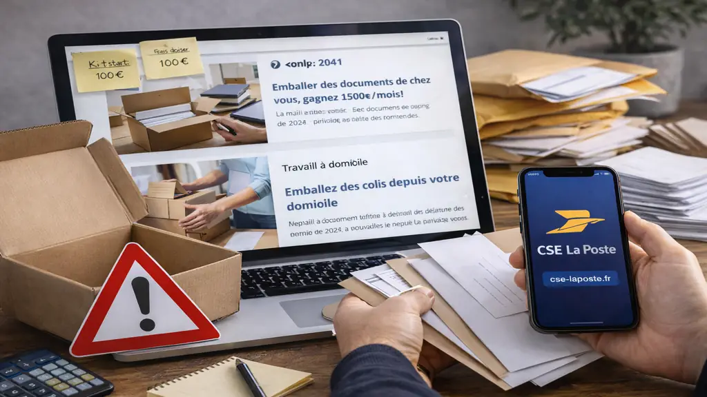 Fausse offre de travail à domicile en emballage et mise sous pli illustrant une arnaque avec promesse de revenu facile et frais à payer