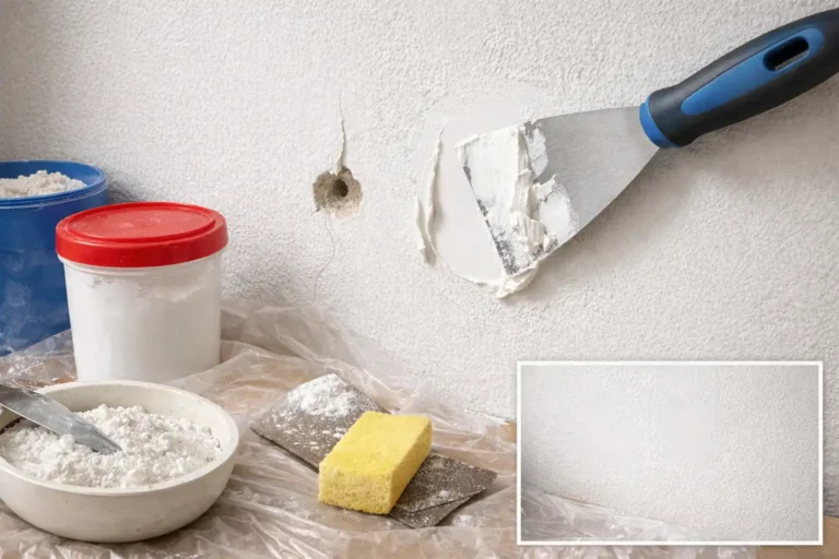 Enduit de rebouchage : le guide complet pour réparer murs et plafonds comme un pro 6 Application d’un enduit de rebouchage au couteau pour réparer un trou dans un mur avant peinture ou finition