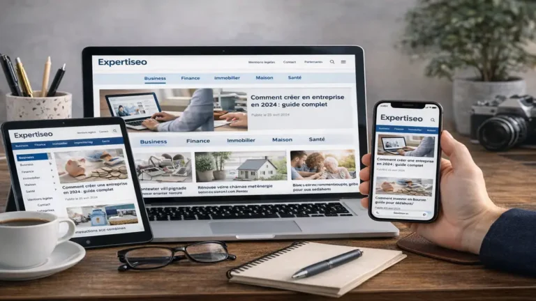Expertiseo.fr : découvrir le site, ses rubriques et ses informations de contact 6 Page d’accueil du site Expertiseo.fr affichée sur ordinateur, tablette et smartphone, présentant un magazine en ligne avec rubriques business, finance, immobilier, maison et santé