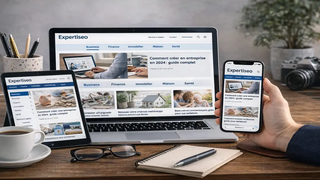 Page d’accueil du site Expertiseo.fr affichée sur ordinateur, tablette et smartphone, présentant un magazine en ligne avec rubriques business, finance, immobilier, maison et santé