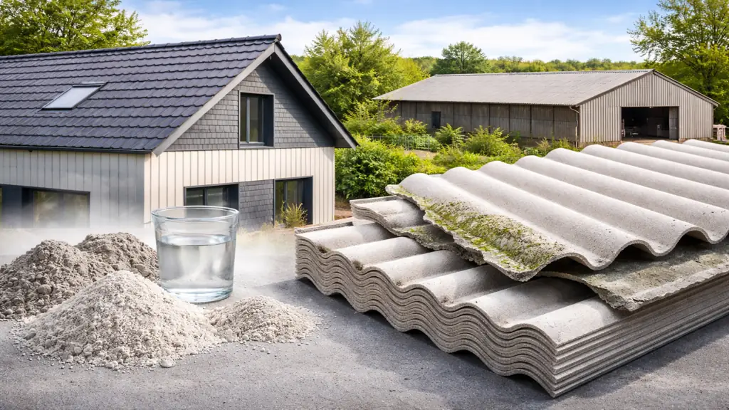 Plaques de fibrociment ondulées utilisées en toiture et bardage, illustrant la différence entre fibrociment moderne sans amiante et ancien amiante-ciment sur bâtiment résidentiel et agricole.