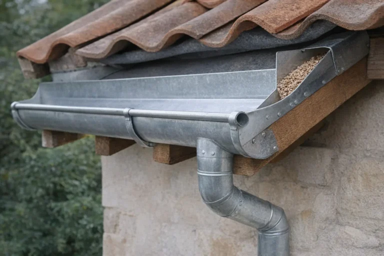 Gouttière nantaise en zinc fixée sur chevron de rive avec relevé vertical et ourlet, installée sur une toiture en tuiles sans débord