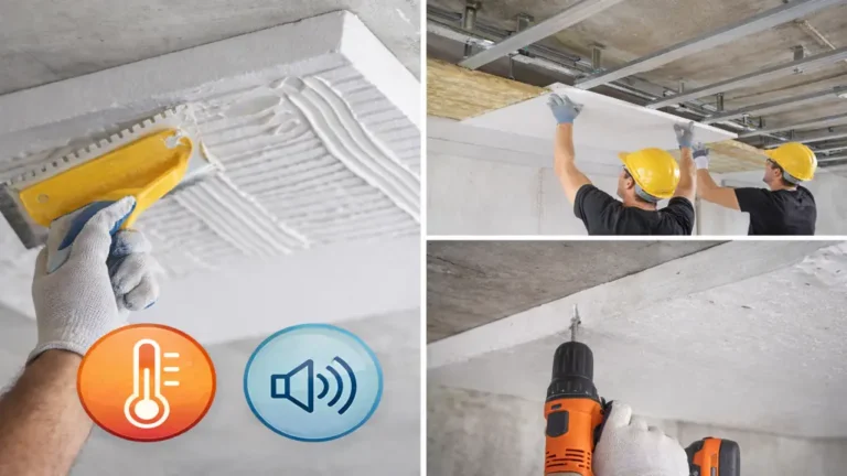 Isoler un plafond : solutions thermiques, acoustiques et mixtes pour chaque situation 6 Isolation d’un plafond par panneaux collés et faux plafond suspendu avec laine minérale, illustrant les solutions d’isolation thermique et acoustique sous garage ou appartement.
