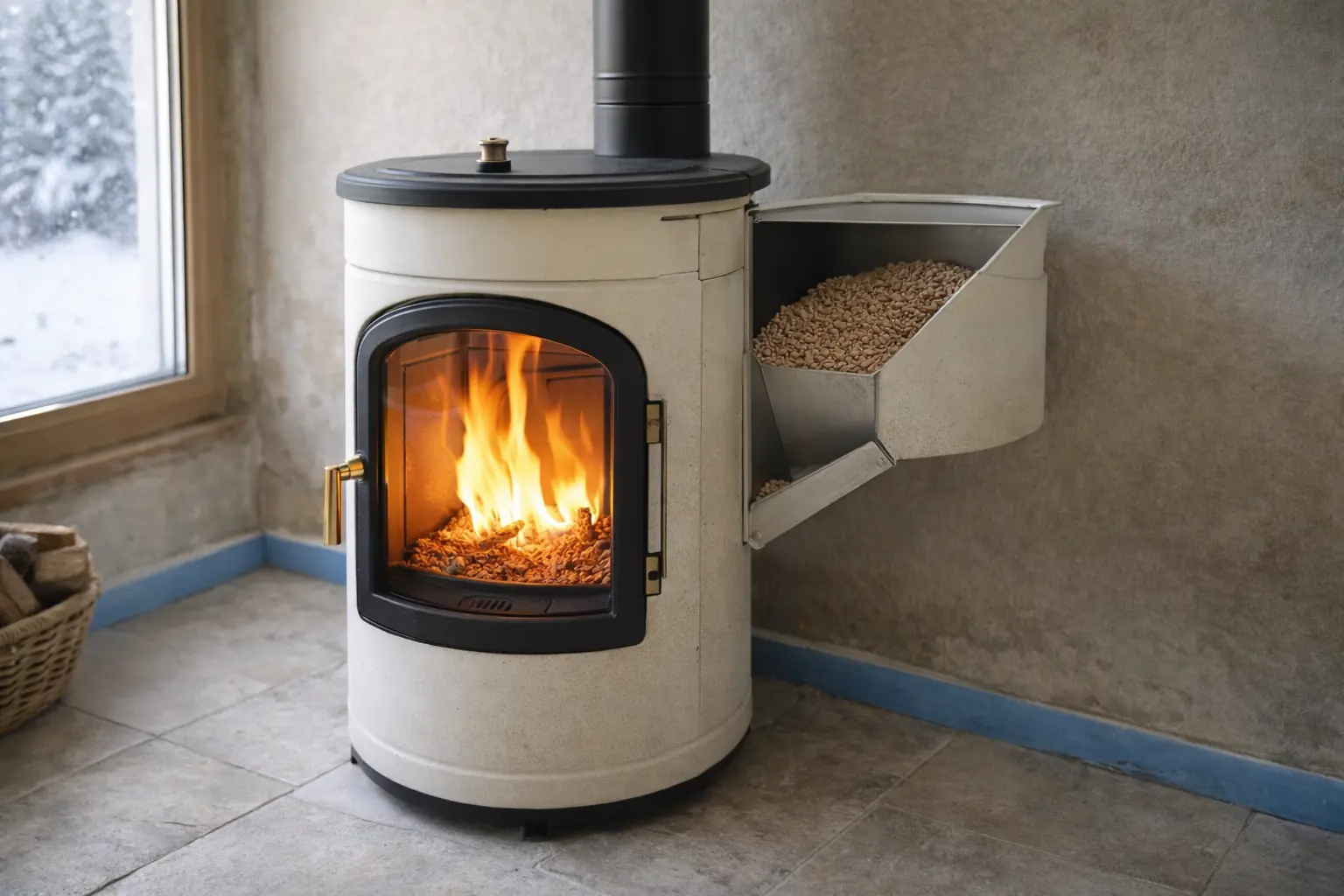 Poêle à granulés sans électricité fonctionnant par gravité avec trémie latérale et convection naturelle dans une pièce de vie