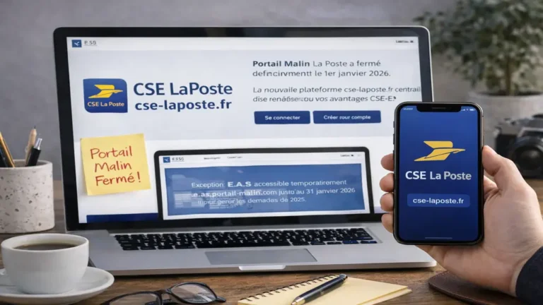 Portail Malin La Poste : fermeture définitive au 1er janvier 2026 et nouveaux accès CSE 4 Nouvelle plateforme CSE La Poste cse-laposte.fr affichée sur ordinateur et smartphone après la fermeture définitive du Portail Malin en 2026