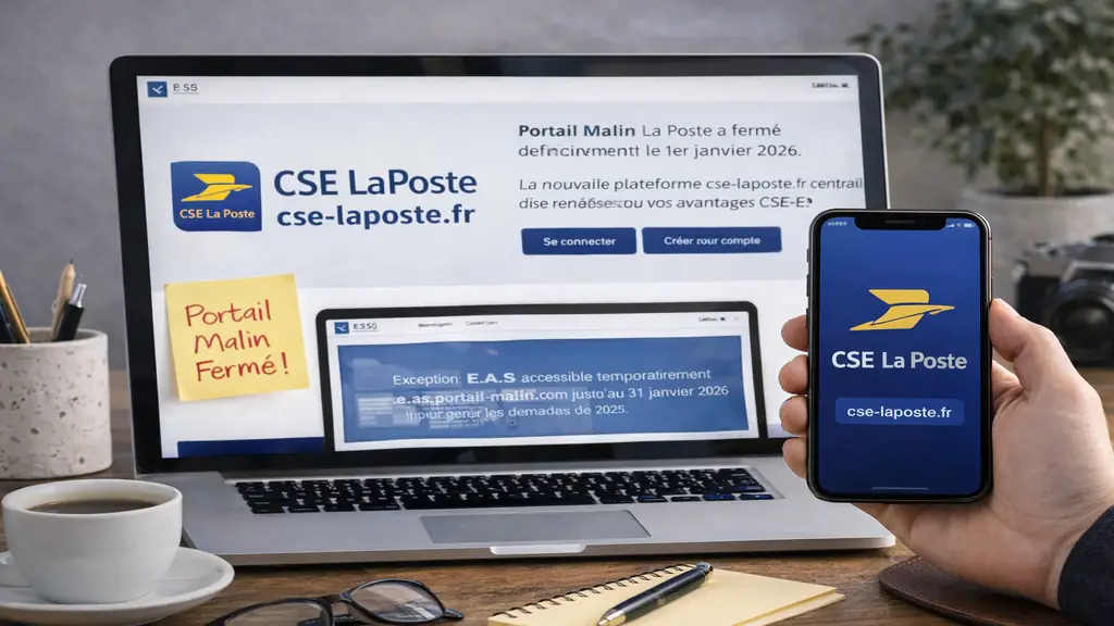 Nouvelle plateforme CSE La Poste cse-laposte.fr affichée sur ordinateur et smartphone après la fermeture définitive du Portail Malin en 2026