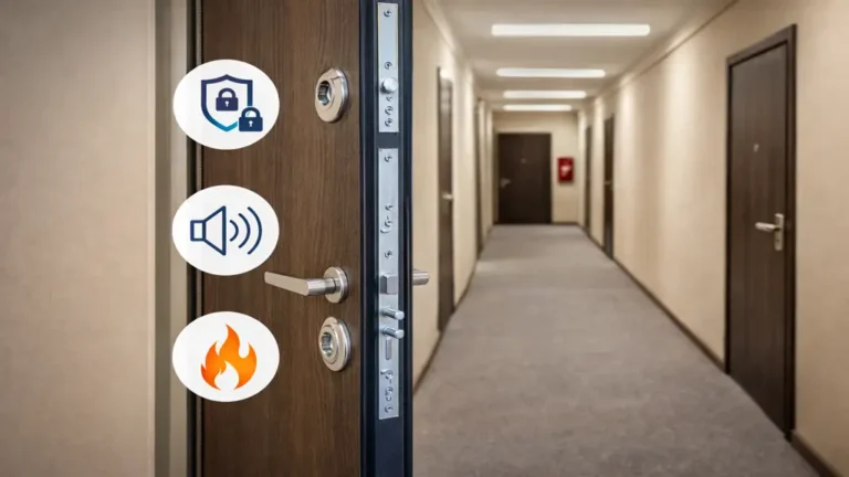 Porte palière d’appartement sécurisée avec serrure multipoints, illustrant l’isolation acoustique, la résistance au feu EI30 et l’accès aux parties communes en copropriété.