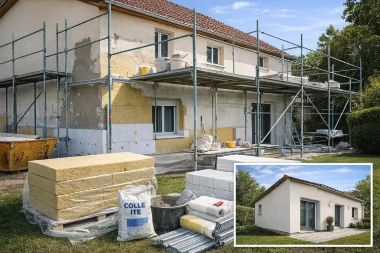 Prix isolation extérieur maison 100m² : budget réel et devis détaillé 2026 3 Maison en cours d’isolation thermique par l’extérieur avec panneaux isolants et échafaudage avant finition de façade