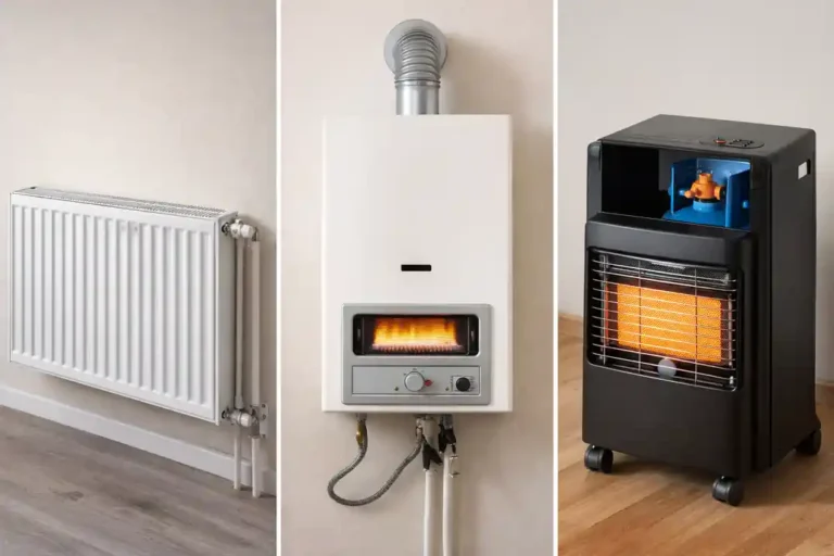 Radiateur à gaz : guide complet pour choisir et installer en sécurité 2 Comparaison des trois types de radiateurs à gaz : radiateur à eau chaude sur chaudière gaz, radiateur gaz mural avec évacuation et chauffage d’appoint au gaz sur bouteille