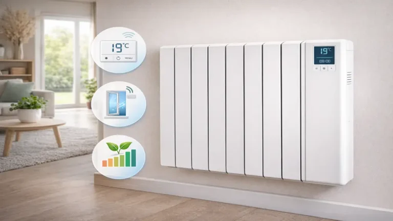 Radiateur électrique basse consommation à inertie installé dans un salon moderne, avec thermostat programmable réglé à 19 °C pour optimiser le confort thermique et réduire la consommation d’énergie.